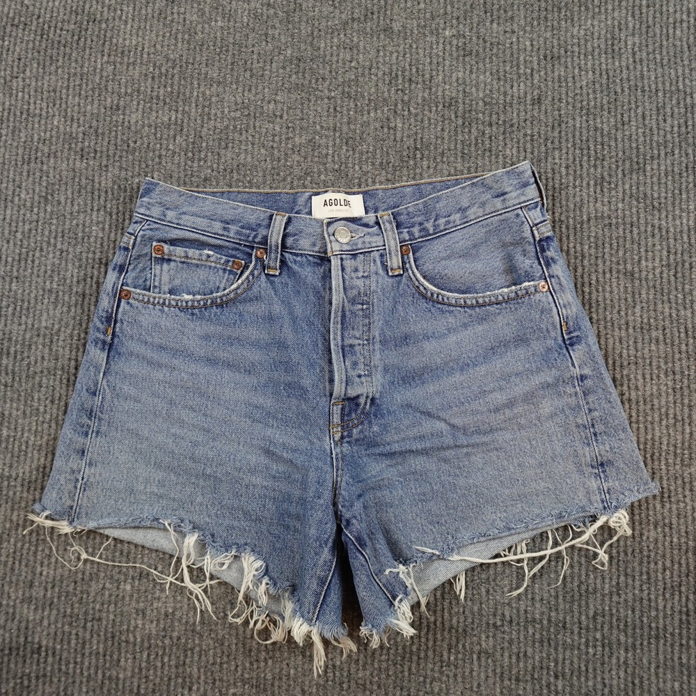 Agolde Parker Long Shorts Womens 26 Blue High Rise Denim Cutoff A9010-1142